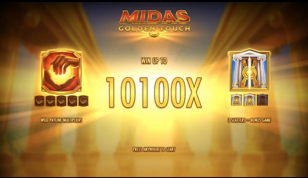 Midas Golden Touch intro screen showing 10100x max win and wild multiplier feature