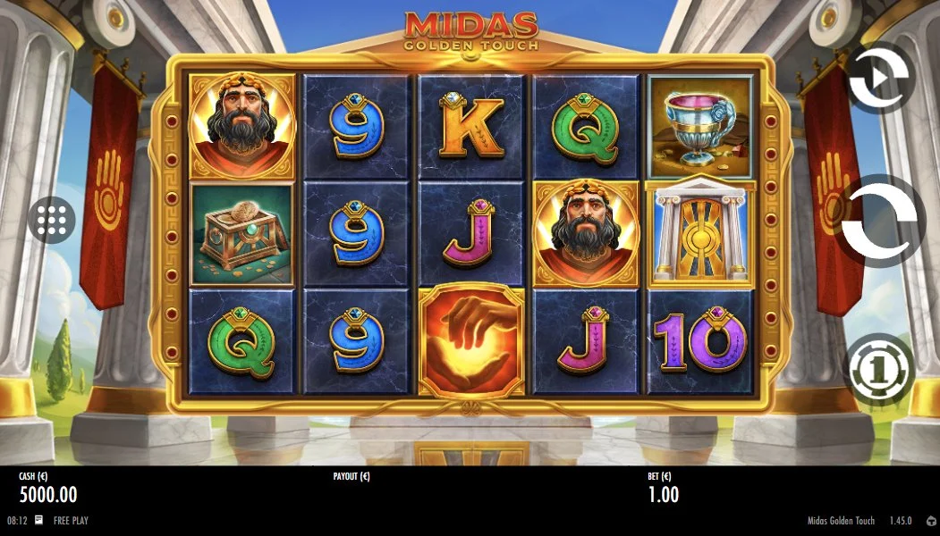 Midas Golden Touch base game with King Midas and treasure symbols on 5x3 grid