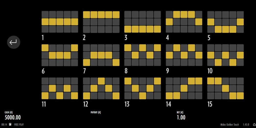 All 15 payline patterns displayed in Midas Golden Touch slot