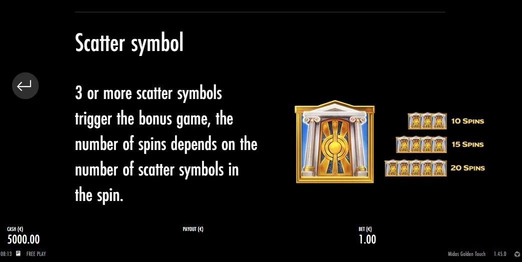Scatter symbol triggering 10 15 or 20 free spins in Midas Golden Touch