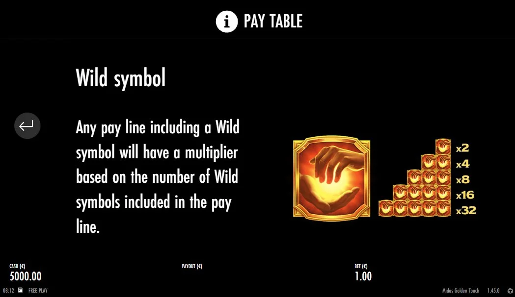Wild symbol multiplier scaling from x2 to x32 in Midas Golden Touch paytable